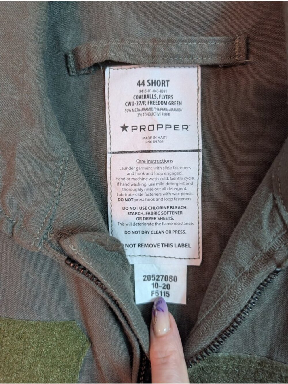 Propper CWU-27/P Flyers Coveralls Green Flight Suit Sz 44 Short 8415-01-043-8391 - Picture 7 of 12